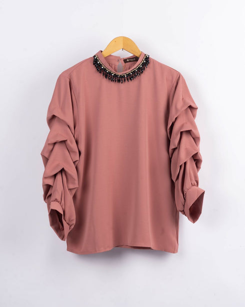 Beaded Neck and Ruffle Sleeves Shirt - The Hijab Company