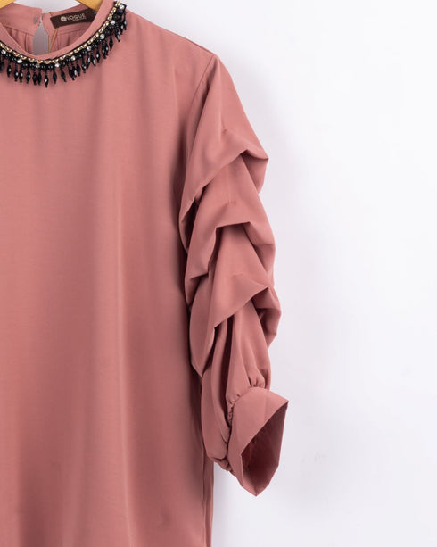 Beaded Neck and Ruffle Sleeves Shirt - The Hijab Company
