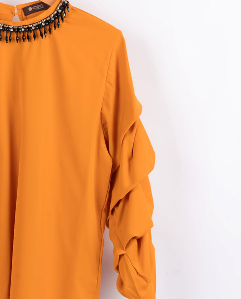 Beaded Neck and Ruffle Sleeves Shirt - The Hijab Company