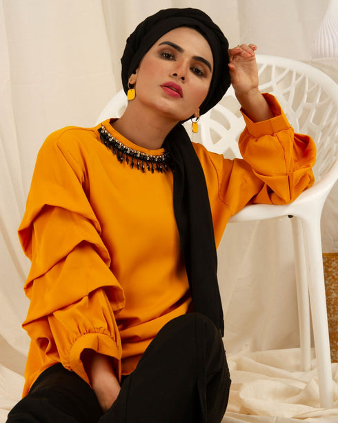 Beaded Neck and Ruffle Sleeves Shirt - The Hijab Company
