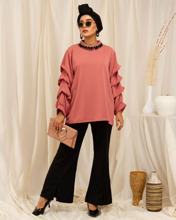 Beaded Neck and Ruffle Sleeves Shirt - The Hijab Company