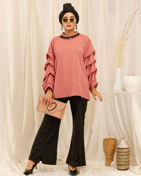 Beaded Neck and Ruffle Sleeves Shirt - The Hijab Company