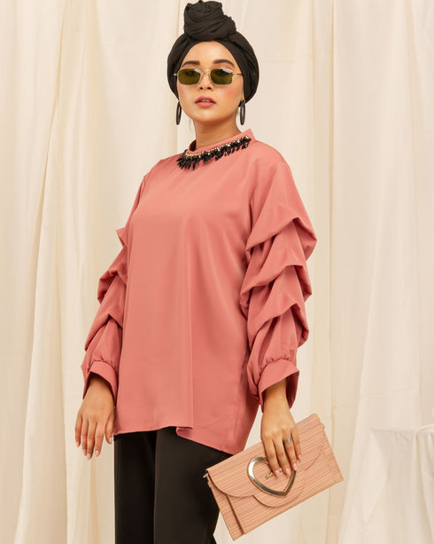 Beaded Neck and Ruffle Sleeves Shirt - The Hijab Company