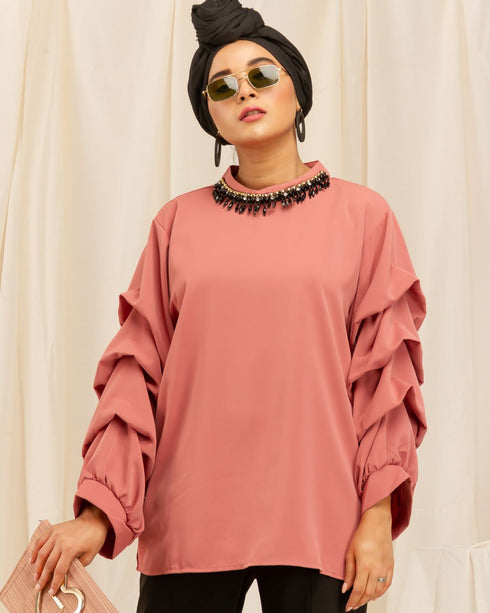 Beaded Neck and Ruffle Sleeves Shirt - The Hijab Company