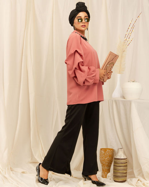 Beaded Neck and Ruffle Sleeves Shirt - The Hijab Company