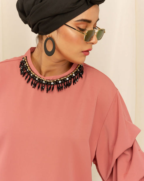 Beaded Neck and Ruffle Sleeves Shirt - The Hijab Company